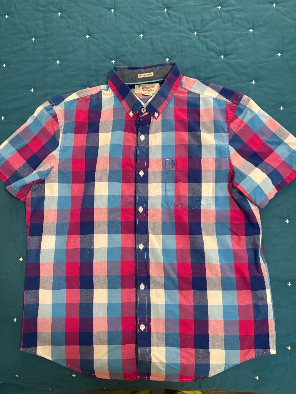 Penguin Men's Plaid Button Up Shirt Short Sleeved, Size XL, Muli-Colored